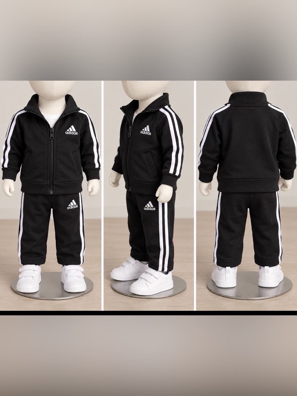 adidas Toddler Black Tracksuit Set with White Side Stripes, Size 18M